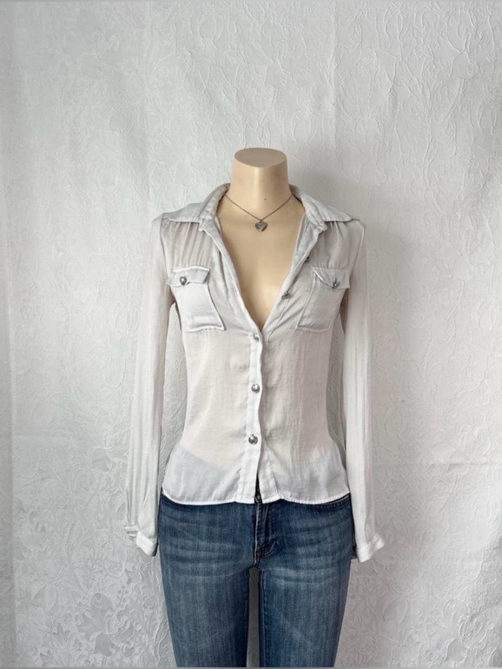 Morgan de Toi white silky button-up blouse top Size XS 。˚